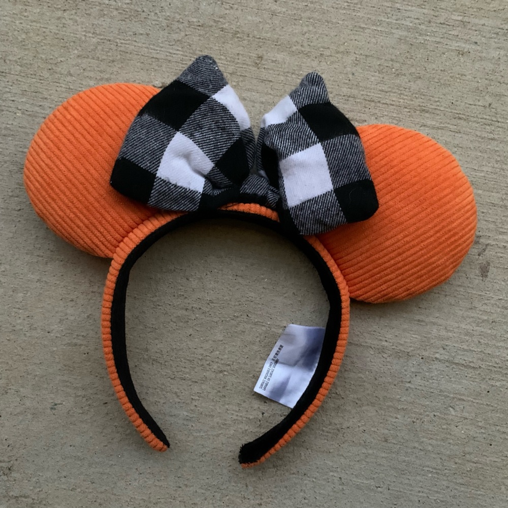 Orange Corduroy Disney Ears with Buffalo Check Bow
